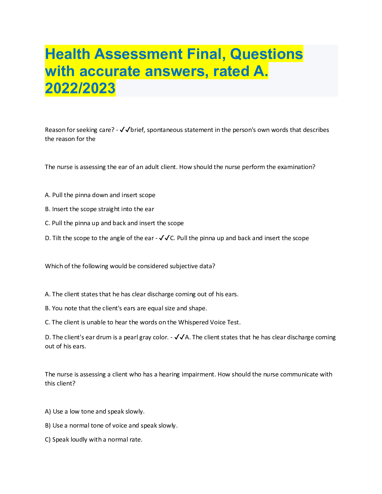 Preview image for Health Assessment Final, Questions with accurate answers, rated A. 2022/2023
